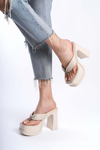 Difolia Women's Geyala Beige Flip Flops (12 cm) Platform Heeled Slippers