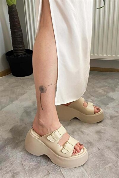 Difolia Women's Beige Two Buckle Thick Sole Orthopedic Sandals K-3040