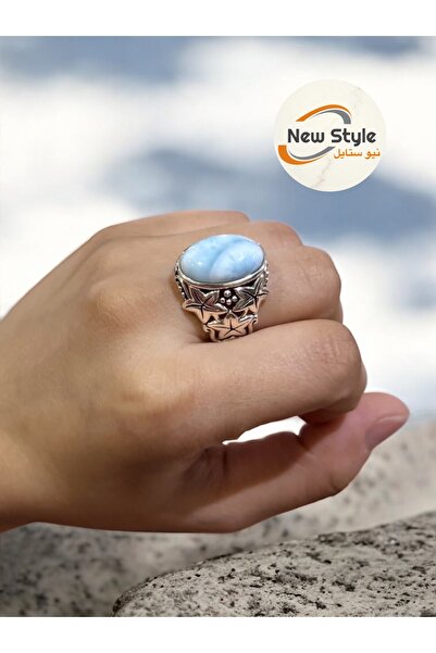 NEW STYLE Men's 925 sterling silver ring with a rare natural Larimar stone, s...