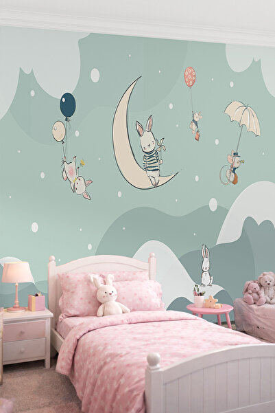 dreamwall Ay Dede ve Bulutlarda Süzülen Tavşanlar Tek Parça Tekstil Duvar Kağıdı