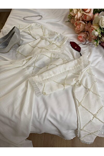 ADORA Elegant Indian linen dress, lined + hand-embroidered pearls - 2 pieces ...