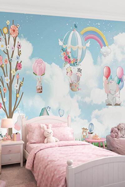 dreamwall Balonlu Sevimli Hayvanlar ve Gökkuşağı Tek Parça Tekstil Duvar Kağıdı