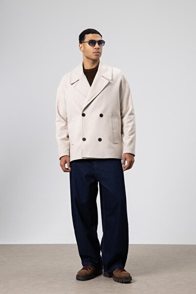 VAMOSCLO Oversize Double-Breasted Short Cashmere Jacket Beige