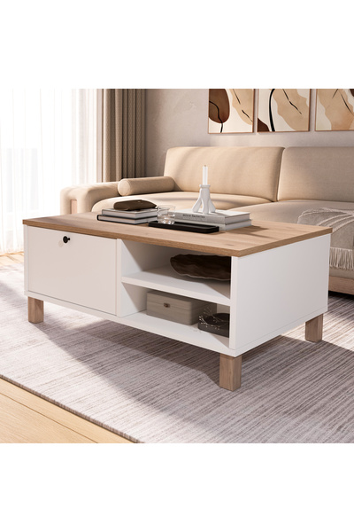 Yurudesign Nord Orta Sehpa Ahşap Ayaklı Kapaklı Sepet-Beyaz ND8-SW