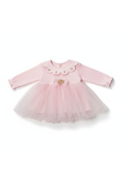 Minicix Kız Bebek Pembe Tüllü Elbise – Yakası İşlemeli, Uzun Kollu, Şık Doğum...