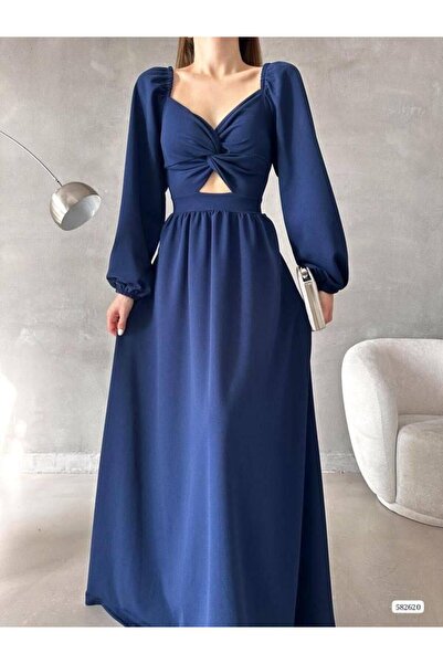 Modafeminen Dark Blue Knot Detailed Long Evening Dress 582620