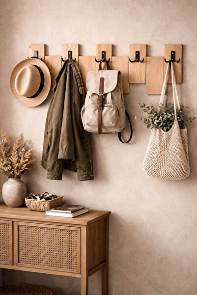 Trend Kitchen Prau Modern Siyah Metal Kancalı Ahşap Antre, Hol Ve Portmanto D...