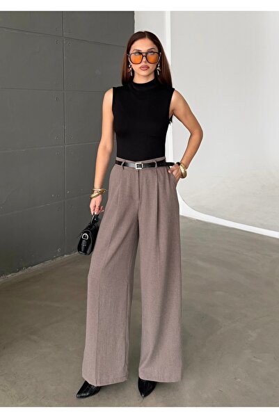 BEJNA Pantaloni largi plisați cu curea pentru femei