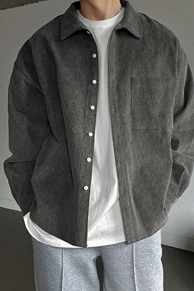 GENIUS STORE Men's Corduroy Oversize Shirt Collar Pocket Long Sleeve Jacket S...