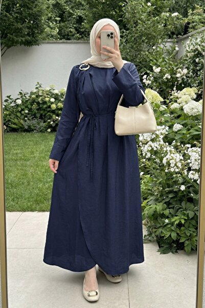 InStyle Modal Navy Blue Dress with Brooch on the Shoulder and Belt at the Waist