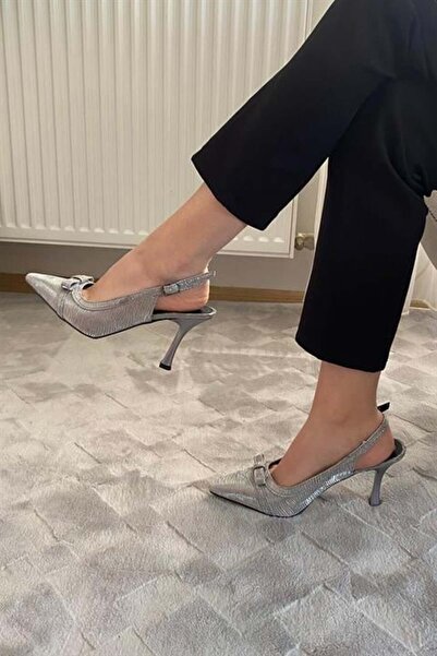 Difolia Women's Silver Glitter Bow Detailed Open Back 9 cm Thin Heeled Shoes