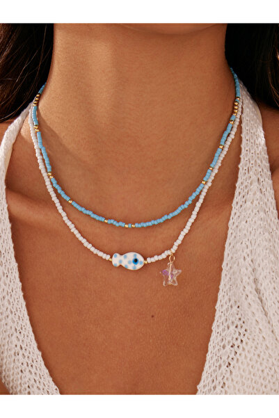 Take Two By Styli عبوة من قطعتين - قلادة زرقاء مزينة بخرز ودلاية على شكل سمكة