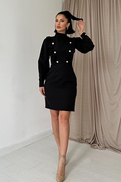 ELİSA Women's short black dress with long sleeves, round neck, and gold butto...