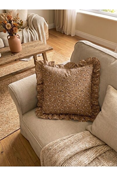 LILYUM Pamuklu Çiçek Desenli Fırfırlı Dekoratif Kırlent Kılıfı 43x43 CM