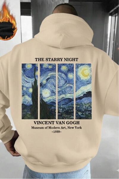 CAST COLLECTİON Men's Beige Van Gogh Printed Hooded Sweatshirt