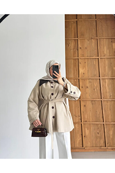 MODA Deri yakalı trençkot