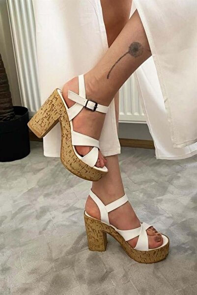 Difolia Women's White Cross Strap 10 cm Platform Heeled Cork Sole Shoes & San...