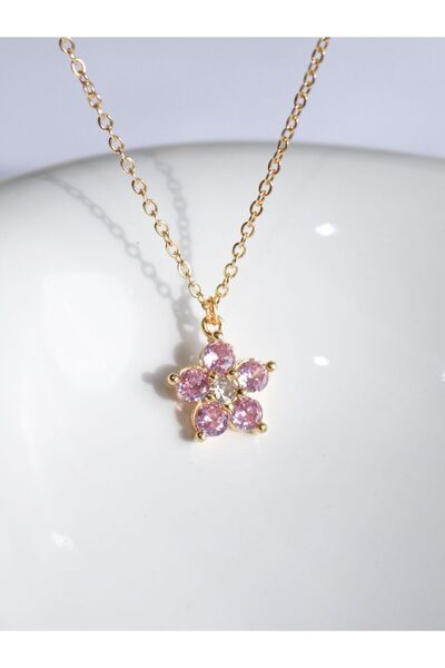 Reorah Collection Pink Zircon Stone Flower Necklace