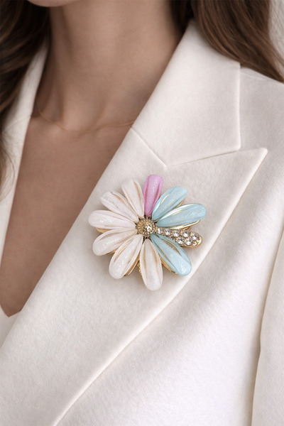 Modex Pastel Tonlarda Işıltılı Çiçek Broş (4cm)