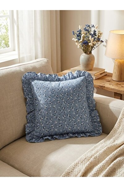 LILYUM Pamuklu Çiçek Desenli Fırfırlı Dekoratif Kırlent Kılıfı 43x43 CM