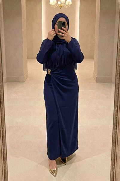 InStyle Navy Blue Scuba Crepe Dress with Side Buckle