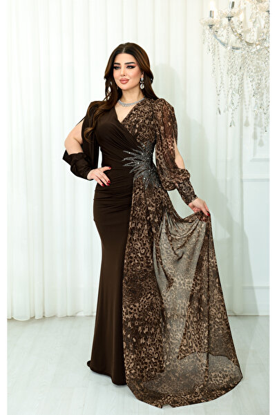 Matik Abiyem Kristal Buzi Leopar Dijital Şifon Baskılı Taş Aksesuarlı Uzun El...