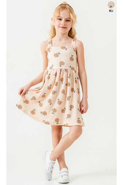 Smile Kids Strappy Floral Patterned Ribbed Girls' Dress – Beige