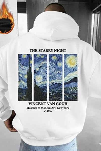 NO 601 Men's White Back Van Gogh Printed Hooded Sweatshirt