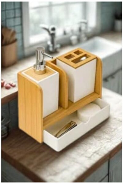Nacario طقم حمام من نركريو شوب مع أدراج - حامل صابون خشبي، حامل فرشاة أسنان، ...