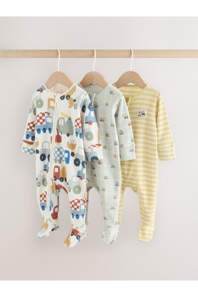 Next Baby Cotton Multi-Transport Patterned Zippered 3-Piece Romper Set