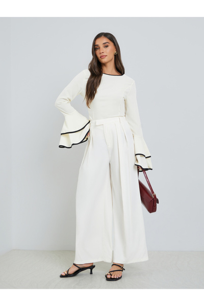 Styli Women Cream Wide Leg Trousers