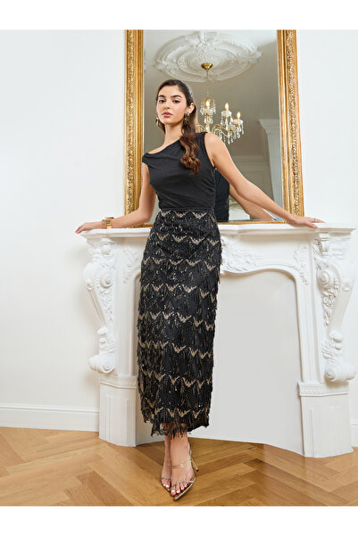 Styli Women Black Embellished Sequined Maxi Skirt