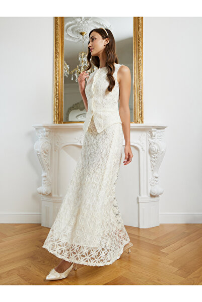 Styli Women Cream Applique A-Line Maxi Skirt