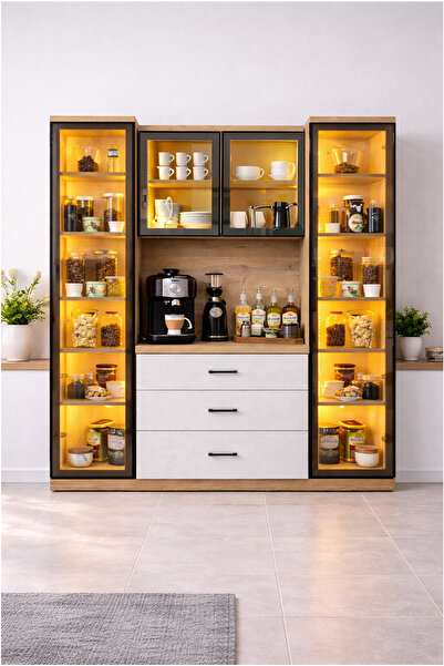 Setay Vitrinli Ünite, Liveo Kahve Köşesi + Çok Amaçlı Raflı İki Kapaklı Dolap