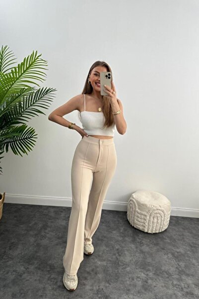 FEMİNEER.com Women's Cream High Waist Crepe Fabric Lycra Palazzo Trousers