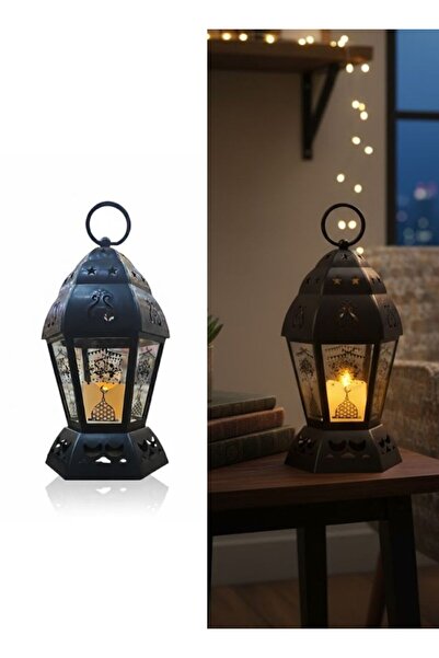 Premium فانوس رمضان معدني أسود اللون، مصباح LED بتصميم مستوحى من المساجد، ديك...
