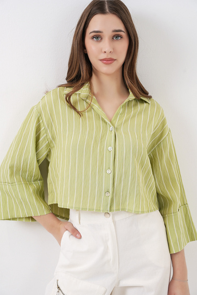 Bigdart Women's Striped Oversize Short Shirt 20326 - E.Green