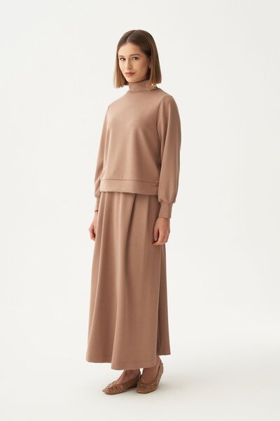 ALLDAY Mink-Soft Textured Gold Buttoned Skirt Suit