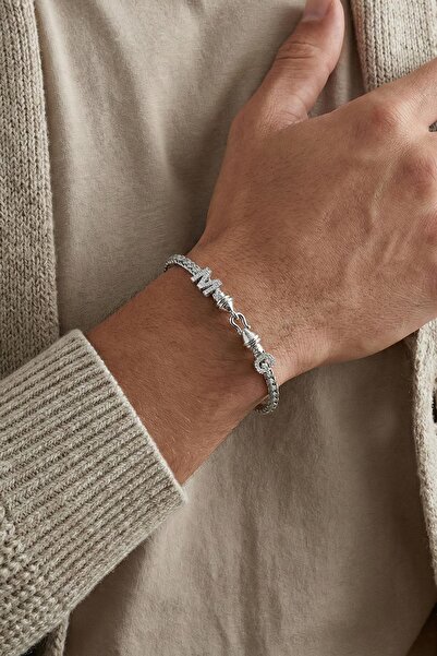 FRNCH 925 Ayar Gümüş İtalyan Model Harfli Gümüş Renk Erkek Bileklik FRJ12812-...