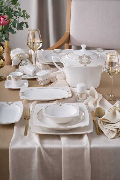 ZERAFET HOME CAROLİNE 85 PARÇA 12 KİŞİLİK KARE BONE YEMEK TAKIMI