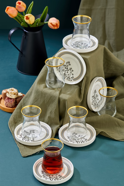 ers erbaşlar Black Flow Gold Dekorlu 12 Parça 6 Kişilik Çay Takımı, Çay Seti