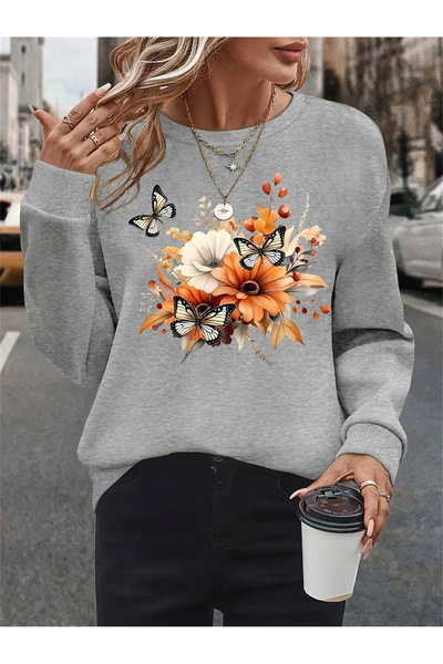 mercoledi سويت شيرت برقبة دائرية للجنسين مطبوع عليه زهرة الفراشة للنساء/الرجال