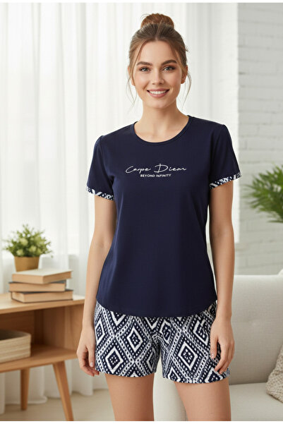 YusGos Women's Short Sleeve Crew Neck Shorts Patterned Cotton Pajama Set