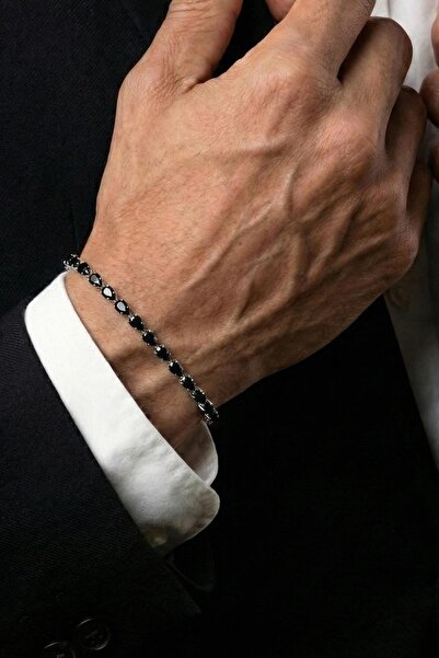 FRNCH Bronz Madenli Siyah Zirkon Taşlı Siyah Renk Tennis Erkek Bileklik FRJ12...