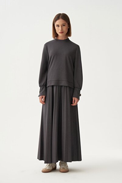 ALLDAY Anthracite-Soft Textured Pleated Stylish Skirt Suit