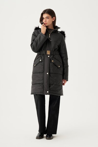 ALLDAY Black Hooded Fur-Lined Snap-On Coat