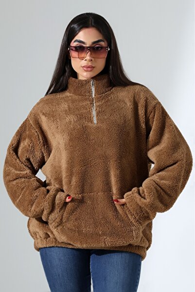 DİVİSTA Women's Collar Zippered Long Sleeve Plush Sweatshirt