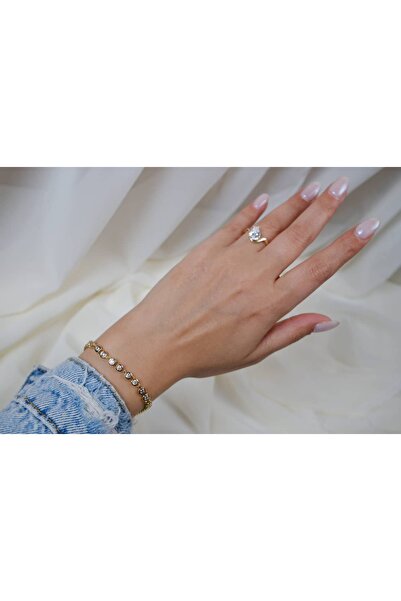 ATELİER TUĞBA Blk218 Round Stone Detail Gold Plated Bracelet (17 cm + 2 cm Ex...