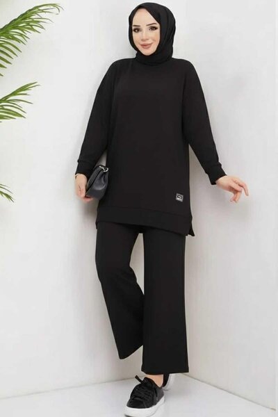 Tesettür Diyarı Tunica cu croială lejeră, cu guler rotund, set Hijab - Negru