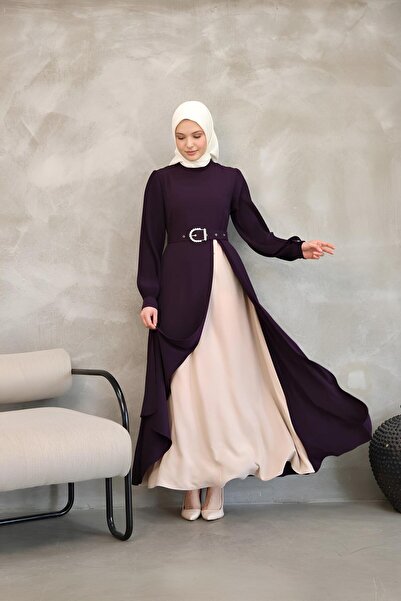 ISTANBUL STYLES Asymmetrical Cut Belted Two-Color Long Hijab Dress - Purple